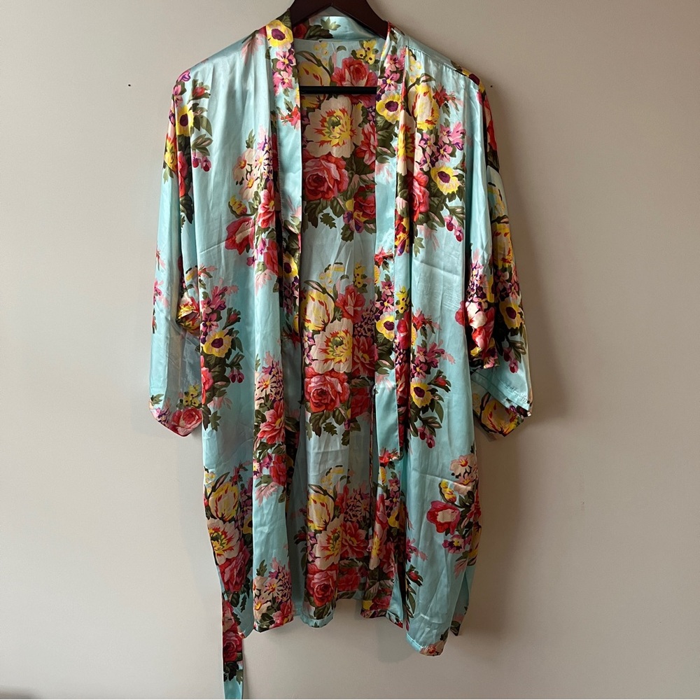 Floral Kimono Robe - Blue and Multicolor Floral Print